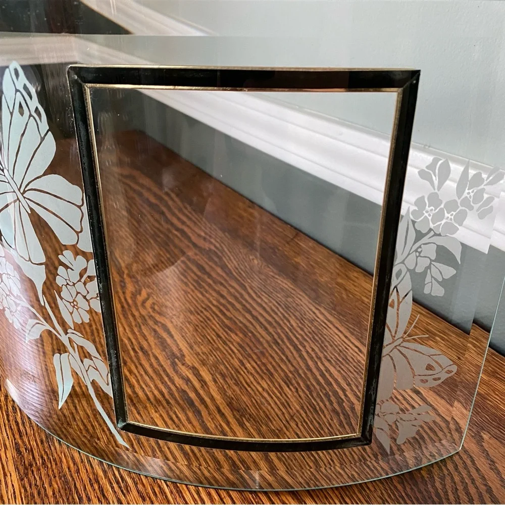 Vintage 1980s Curved Glass Photo Frame Etched Frosted Design Butterflies Flowers